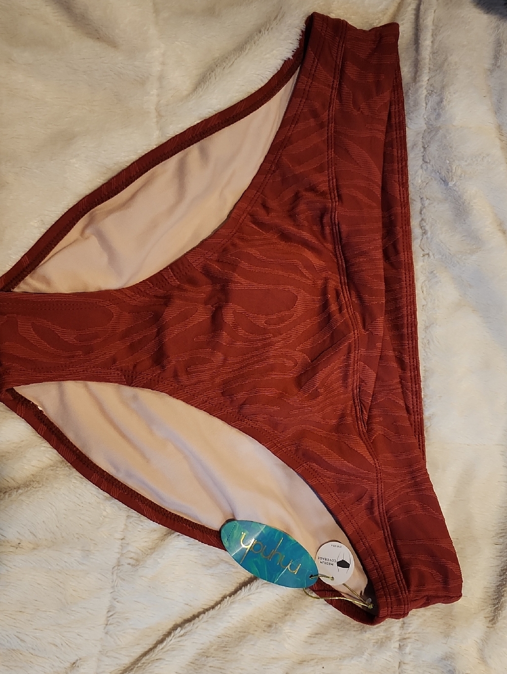 Mynah Textured High Rise Zebra Brown Bikini Bottoms In Spiced Apple Size Xl